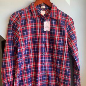 NWT J.Crew Navy and Red Plaid Boyfriend Fit Button Up Shirt Size Small.